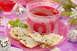 Red borscht and ravioli (pierogi) for christmas