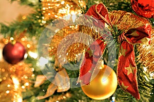 Red bow on Christmas tree