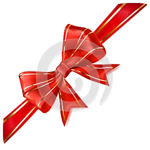 Red bow with diagonal ribbon with golden strips
