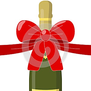 Red bow for gift with champagne isolated on background. Holiday, birthday concept. Vector cartoon design