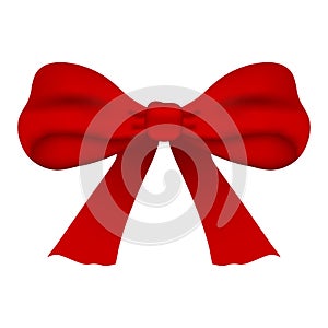 Red bow isolated on white background. Red satin bow with shadow, wrap element template. Vector illustration for your design.