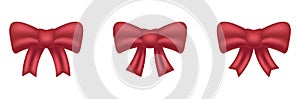 Red Bow Realistic Set for Christmas, Birthday, Anniversary Surprise. Silk Ribbon Tie Gift Element on White Background