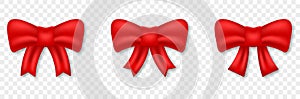 Red Bow Realistic Set for Decoration Present. Silk Ribbon Tie Gift Element on Transparent Background. Elegant Satin Knot