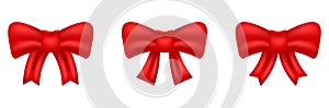 Red Bow Realistic Set for Decoration Present. Silk Ribbon Tie Gift Element on White Background. Elegant Satin Knot for