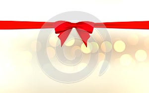 Red bow and ribbon on horizontal white page with sparkles. Vector realistic design template for gift card decor