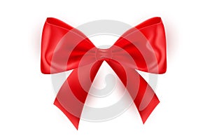 Red bow ribbon isolated on white background. Realistic shiny bow for card, gift box, greeting card, wrapping present