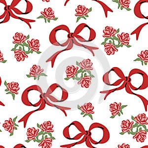 Red bow ribbon and rose flowers seamless pattern. Valentine day, Birthday wallpaper. Hand drawn cartoon cute background