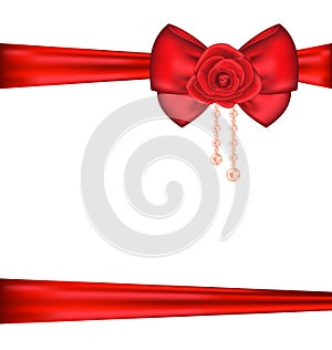 Red bow with rose and pearls for packing gift Vale