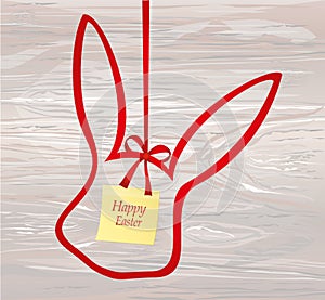 Red bow in the shape of the Easter Bunny. Greeting card or invitation for a holiday. Yellow sheet of paper for notes. Sticker.