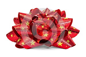 Red bow with star pattern isolated on white background. Beautiful ribbon for gift box.