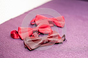 Red bow ties lying on the purple background