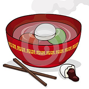 Red bowl with colorful tangyuan and chopsticks, Vector Illustration
