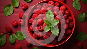 A red bowl filled with raspberries and green leaves. Generative AI image.