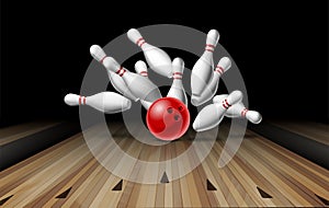 Red Bowling Ball crashing into the pins on bowling alley line. Illustration of bowling strike photo