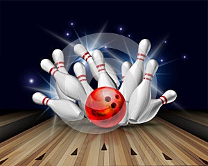 Red Bowling Ball crashing into the pins on bowling alley line. Illustration of bowling strike