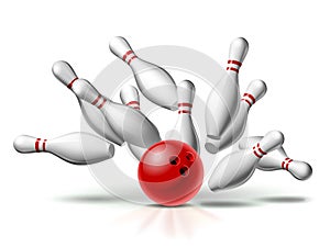 Red Bowling Ball crashing into the pins. Illustration of bowling strike isolated on white background.