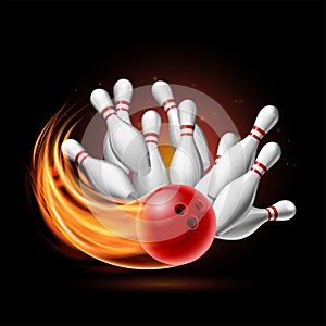 Red Bowling Ball in Flames crashing into the pins on a Dark Background. Illustration of bowling strike.