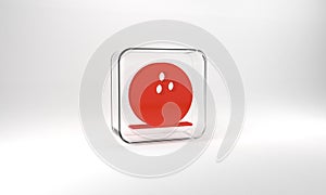 Red Bowling ball icon isolated on grey background. Sport equipment. Glass square button. 3d illustration 3D render