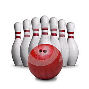 Red Bowling Ball And Pins Isolated on White Background