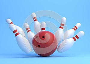 Red Bowling Ball and scattered white skittles isolated on blue background