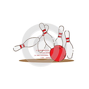 Red bowling ball strike with falling pins