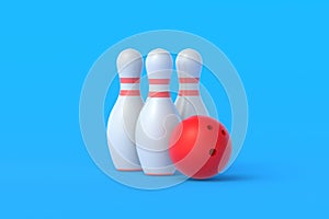 Red bowling ball and white pins on blue background