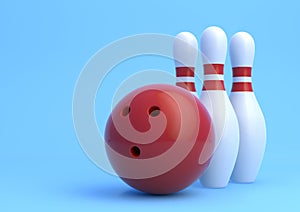 Red Bowling Ball and white skittles isolated on blue background