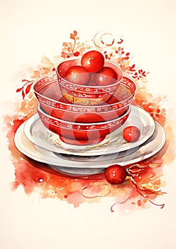 Red Bowls and Plates Chinese new year pattern
