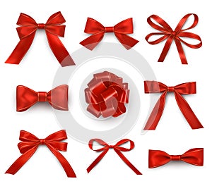 Red bows with single  double  multiple loops realistic set. Ribbons wide  thin for holiday gifts