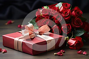 Red Box With Bow and Bouquet of Red Roses