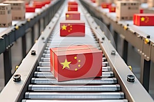 A red box in the form Chinese flag sits atop a moving conveyor belt