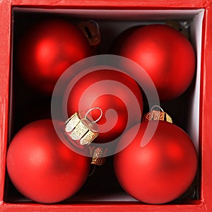 Red box full of red Christmas balls