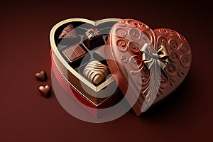 a red box of heart-shaped with assorted chocolates on red background