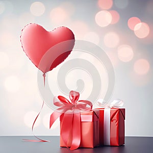 Red boxes, gifts with red bows, above them, heart-shaped balloons red. Heart as a symbol of affection and