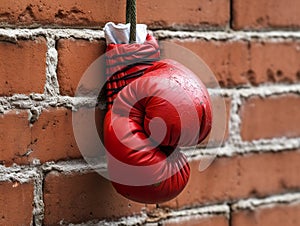 A red boxing glove hanging on a brick wall. Boxing gloves on brick wall.