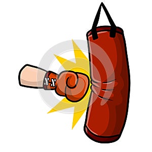 Red Boxing glove. Punch the punching bag. Sports inventory and equipment