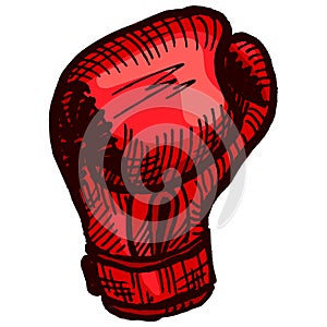 Red boxing glove sketch in isolated white background. Vintage sporting equipment for kickboxing in engraved style