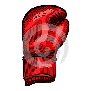 Red boxing glove sketch in isolated white background. Vintage sporting equipment for kickboxing in engraved style