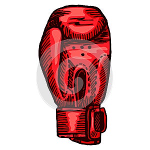 Red boxing glove sketch in isolated white background. Vintage sporting equipment for kickboxing in engraved style