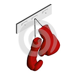 Red boxing gloves hang on a hanger isolated on a white background. 3D. Isometric view. Vector illustration