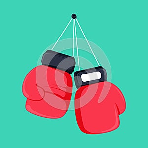 Red boxing gloves hanging on nail of wall, flat design icon