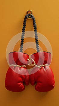 Red Boxing Gloves Hanging on Yellow Background Concept of Combat Sports, Training, and Fitness
