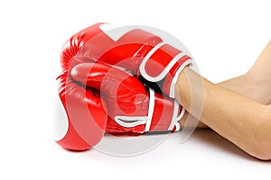 Red Boxing gloves. Two gloves sports. Isolated on a white background