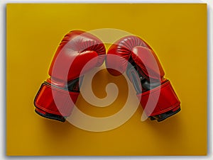 Red Boxing Gloves on Vibrant Yellow Background Sport, Competition, Fighting, Training, Fitness Concept