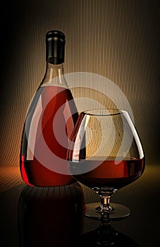 Red Brandy whiskey Cognac Bottle with Glass mockup