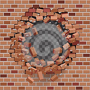 Red brick break wal hole destructionl template transparent background vector illustration