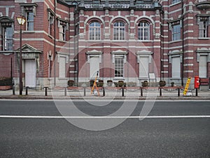 Red brick building classic old Bank of Iwate in Morioka city at sunrise.