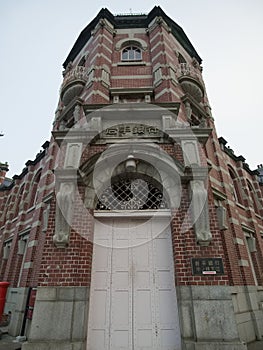 Red brick building classic old Bank of Iwate in Morioka city at sunrise.