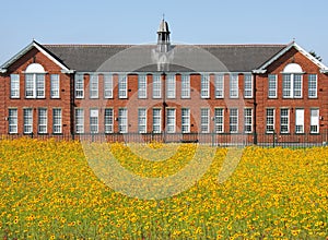 Red brick building in field