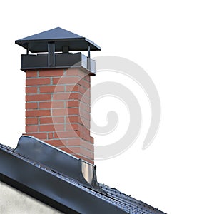 Red Brick Chimney, Grey Steel Tile Roof Texture, Gray Tiled Roofing, Large Detailed Isolated Vertical Closeup, Modern Residential